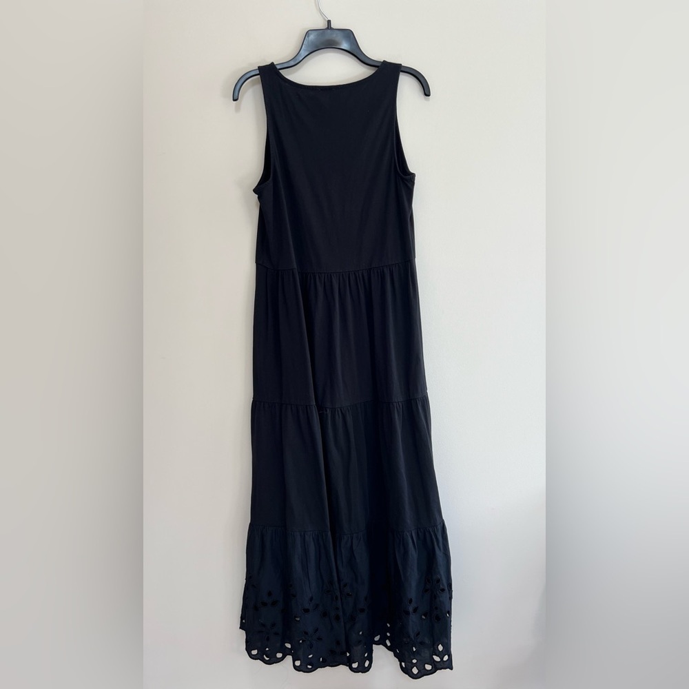 J. Crew Cotton Tiered Knit Maxi Sleeveless Dress with Eyelet Trim, Black, S - Picture 3 of 7